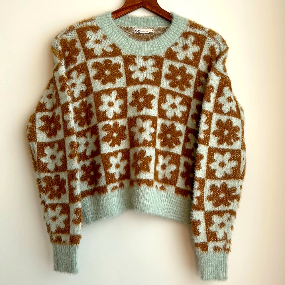 SO Good For Life Brown Gray Daisy Long Sleeved Fuzzy Checkered Sweater